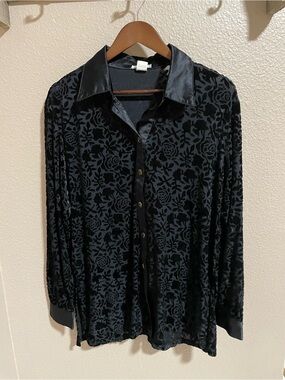 Vintage Focus Black Velvet Burnout Floral Button-Up Blouse